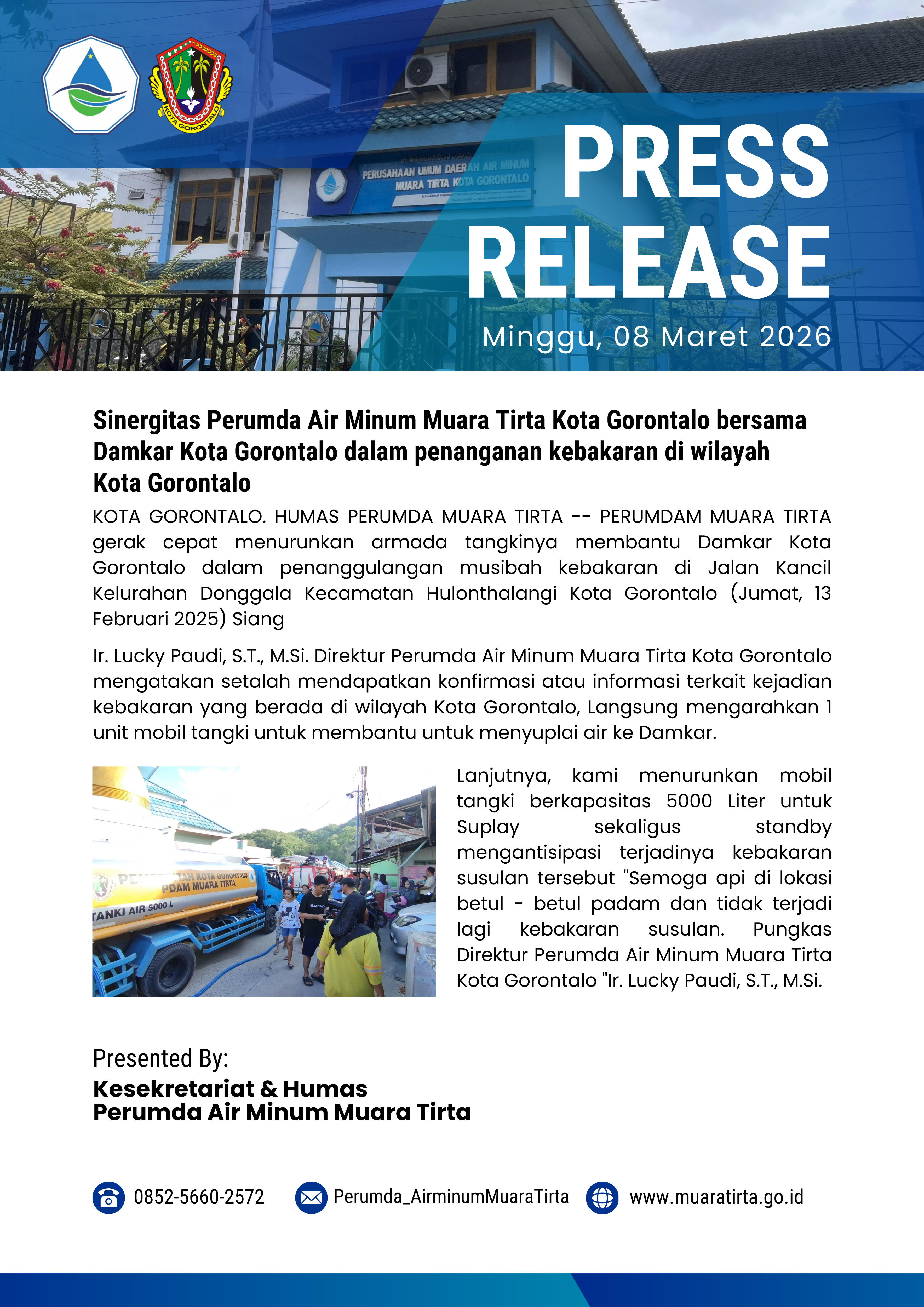 Sinergitas Perumda Air Minum Muara Tirta Kota Gorontalo bersama Damkar Kota Gorontalo dalam penanganan musibah kebakaran di wilayah Kota Gorontalo